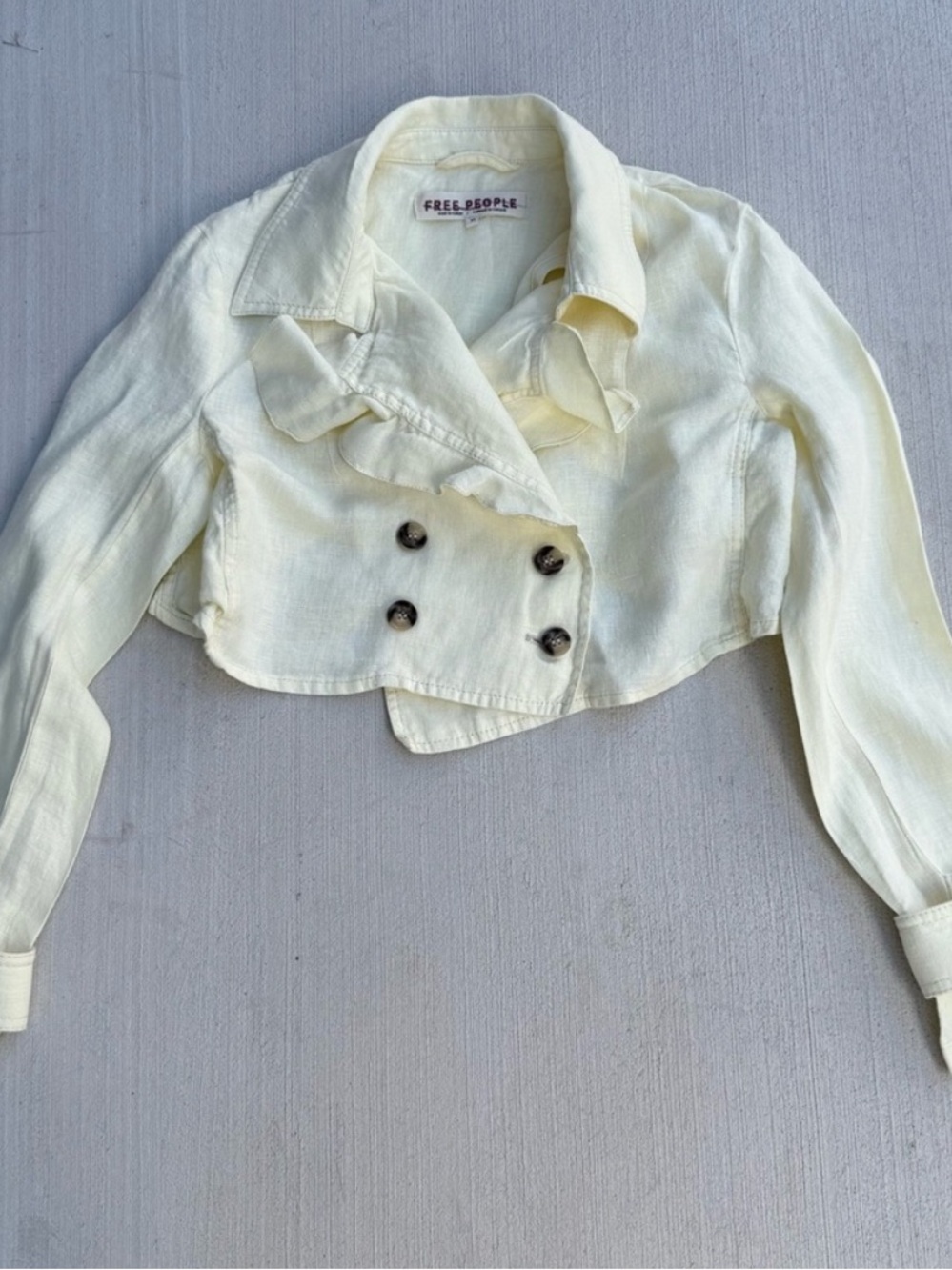 Free People Light Yellow Ruffle Linen Cropped Jacket - Picture 2 of 3